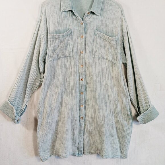 Easel, Oversize, Long, Button Down Shirt, Soft 100% Cotton, Pockets, Lt. Teal, M - Picture 7 of 16